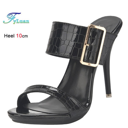 New Summer Buckle Strap Outside Women Slipper  Open Toe High Heeled 10CM Women's Sandals Thin Heels Neutral Slippers Party Pumps