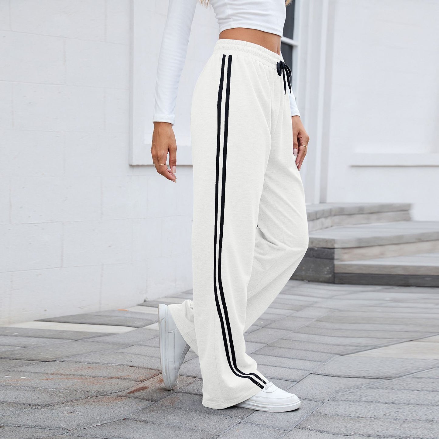 2025 Women Stripe Chic Straight Pant Autumn Spring Retro Sports Sweatpants Solid color casual fashion elegant waist womens pants