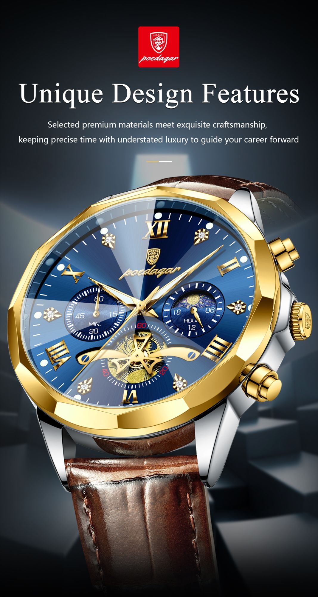 POEDAGAR Relógio de Pulso Militar de Luxo Masculino Quartzo Impermeável Luminoso Cronógrafo Couro Masculino Relógio Esportivo Masculino Relógio Masculino