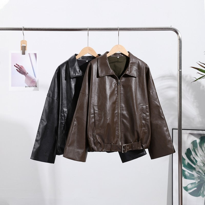 Vintage PU Leather Bomber Jackets 2025 Autumn New Ladies Zipper Lapel Long Sleeve Pocket Coat With Belt Women's Loose Streetwear
