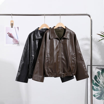 Vintage PU Leather Bomber Jackets 2025 Autumn New Ladies Zipper Lapel Long Sleeve Pocket Coat With Belt Women's Loose Streetwear