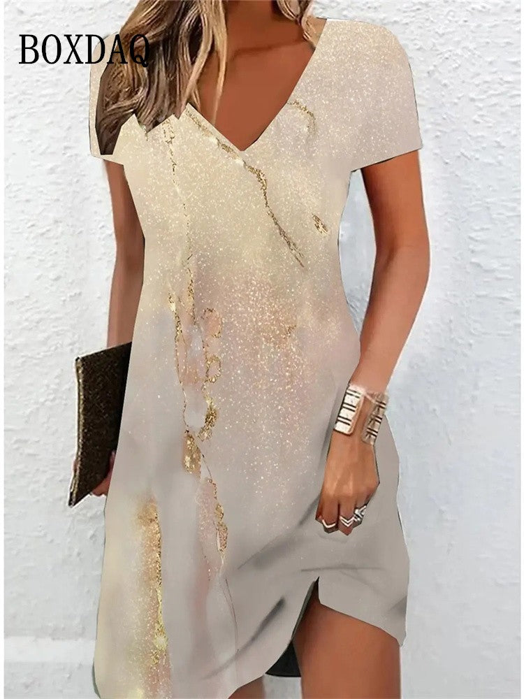 Women's Casual Dress Summer 2024 Marble Print V Neck Short Sleeve Midi Dress Tie