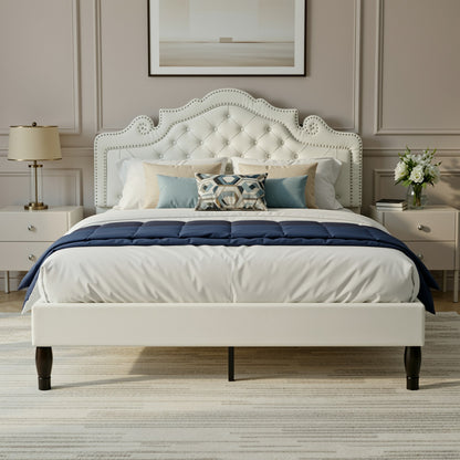 Base de Cama de Veludo HOOMIC nos Tamanhos Casal/Queen/King com Cabeceira Tiara Ajustável, Cama Plataforma Estofada com Capitonê de Diamante