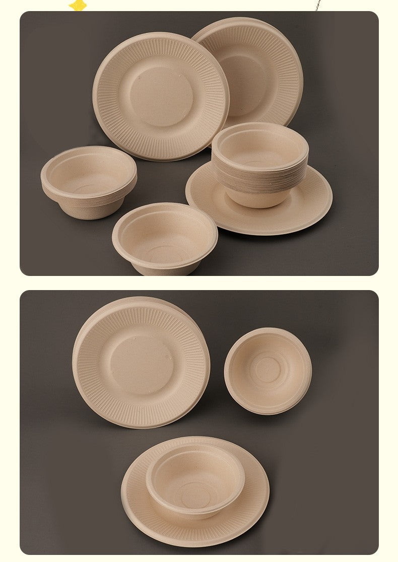Conjunto Descartável de Talheres de Polpa com 20 Peças Biodegradáveis Inclui Tigela Prato Faca Garfo Colher para Casa Festa Piquenique Recipientes de Comida