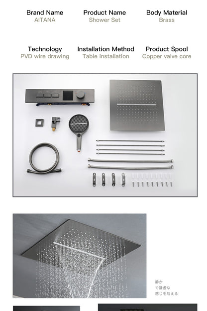 Luxury gun gray brass shower system with LED digital display design Wall mounted constant temperature 3-function bathroom faucet