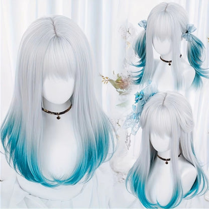 Peruca Sintética Reta Azul e Branca Gradiente com Franja e Rabo de Cavalo Anime Festa Cosplay Moda 2025 Novo Penteado de Fibra