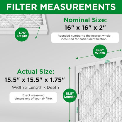 16x16x2 MERV 11 Pleated HVAC AC Furnace Air Filters Case of 12 Exact Size 15.5 x 15.5 x 1.75 Inches White High Efficiency Filtr