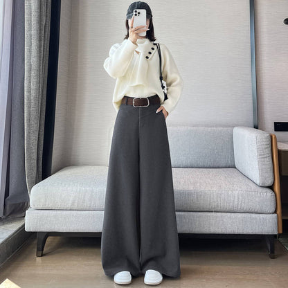 Grey Woolen Wide-leg Suit Pants Women 2025fall Winter New High-waisted Draping Straight-leg Casual Floor-length Thick Trouser