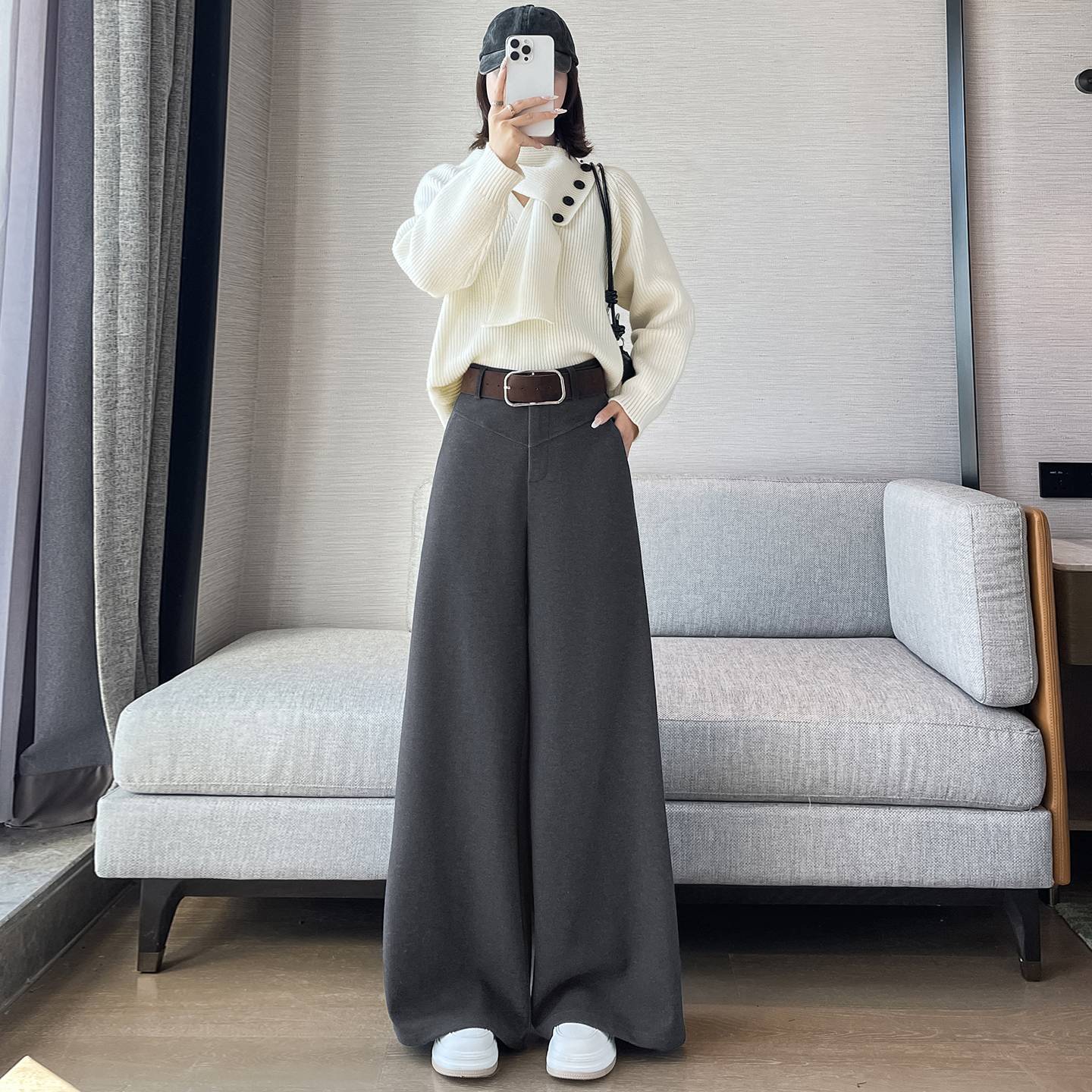 Grey Woolen Wide-leg Suit Pants Women 2025fall Winter New High-waisted Draping Straight-leg Casual Floor-length Thick Trouser