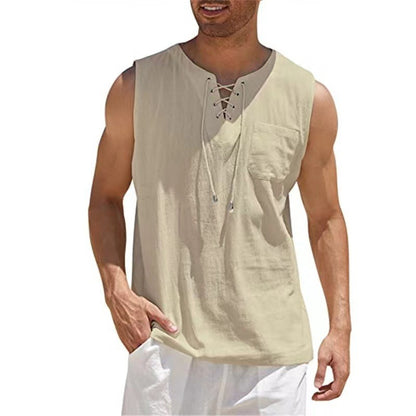 Cotton Linen Shirts Men's Casual Sleeveless Vest Lace Up Shirts Retro V Neck Tank Tops Loose Shirt Male Solid Color Clothes
