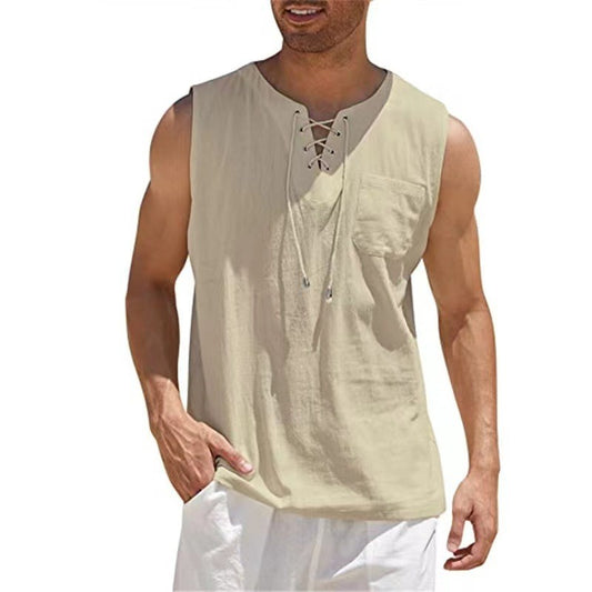 Cotton Linen Shirts Men's Casual Sleeveless Vest Lace Up Shirts Retro V Neck Tank Tops Loose Shirt Male Solid Color Clothes