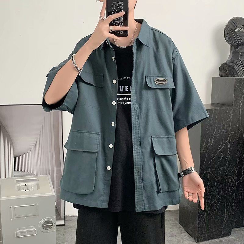 Shirts For Men With Pocket Cargo Man Shirt Loose Korean Style Casual Asia Cool Hipster Original Half Sleeve Fashion Collar I Xxl