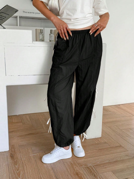 Fisoew Womens Wide Leg Track Pants Casual Elastic Waist Bow Tie Y2K Baggy Sweatpants with Pockets