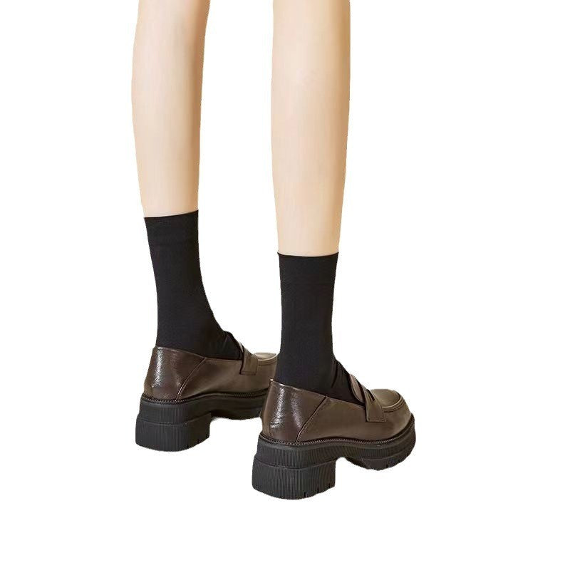 Sapatos Casuais Femininos de Couro Moda Saltos Grossos Cor Sólida Respirável Mocassins Confortáveis Saltos Altos Femininos Zapatos