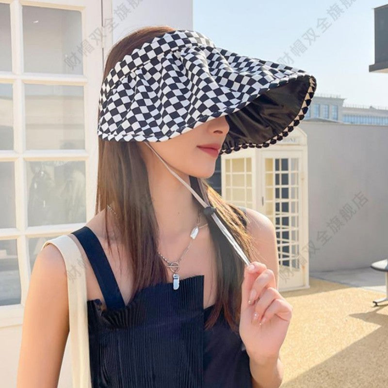 Chapéu gradiente xadrez Chapéu de verão feminino Chapéu vazio Viseira de sol Chapéu de sol de verão com aba larga Chapéu de proteção UV para mulheres Chapéu de praia