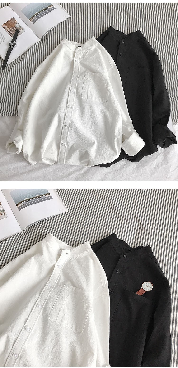 Simple Design Solid Colors Long Sleeve Shirts Korean Fashion Mandarin Collar 100% Cotton White Black Shirt Soft and Comfort