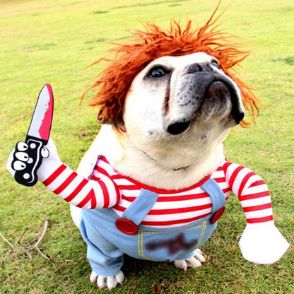 Roupas de Halloween para cães de estimação, cães segurando uma faca, fantasia de Natal, roupa divertida para gatos de estimação, cosplay, vestuário para cães pequenos e médios
