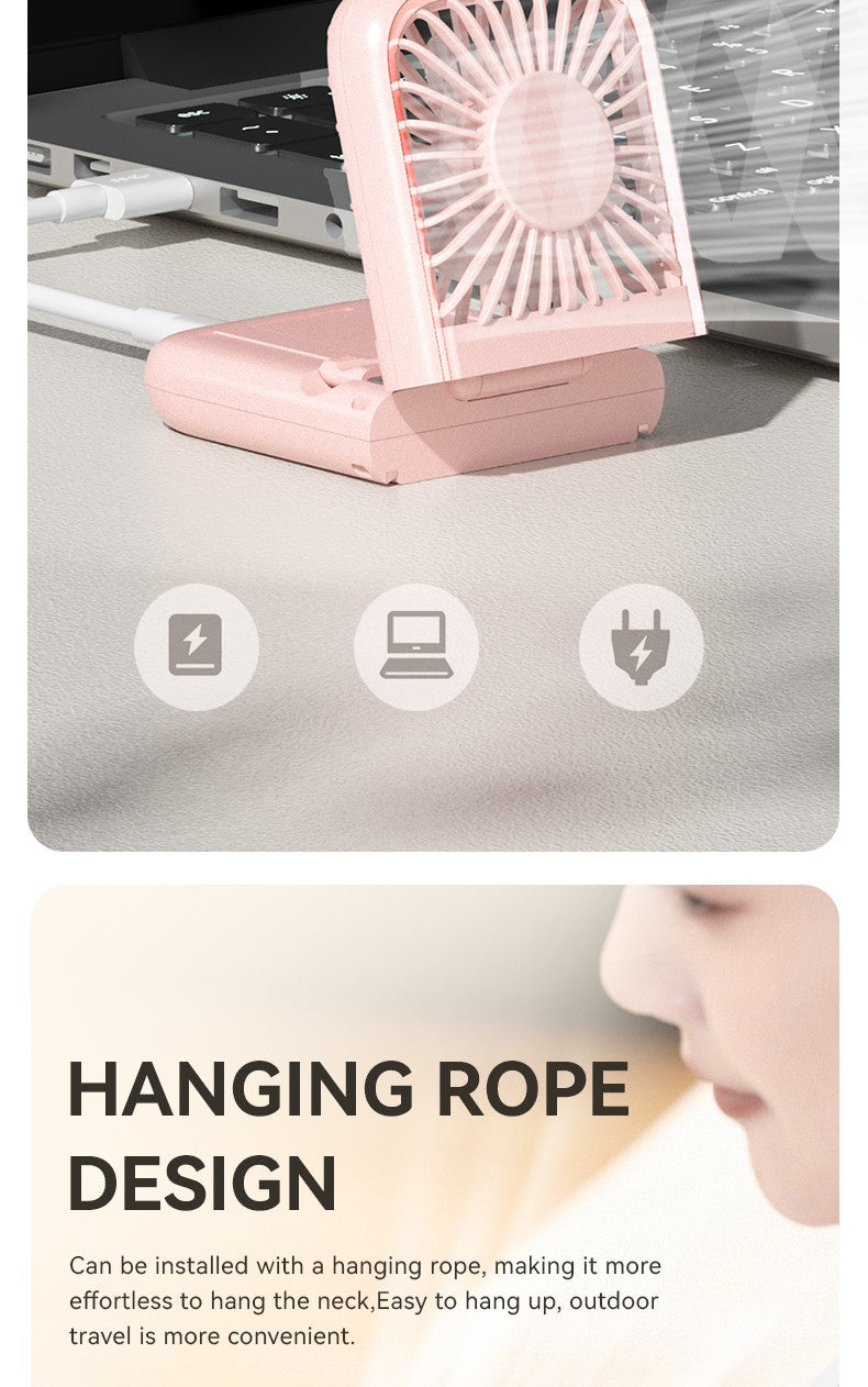 Folding Mini Cooling Air Fan Mobile Phone Holder Power Bank 3000mAh USB Rechargeable Cooling Handheld Desktop Fan with Lanyard