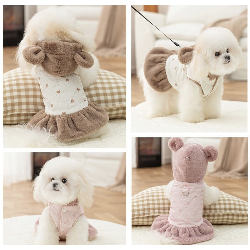 Casaco de Inverno Quente para Cães Vestido Fofo Roupas Macias para Cães Moda Algodão Casaco de Cachorro com Estampa de Coração Casaco para Gatos Bichon Fantasia para Pets