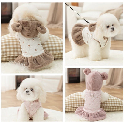 Casaco de Inverno Quente para Cães Vestido Fofo Roupas Macias para Cães Moda Algodão Casaco de Cachorro com Estampa de Coração Casaco para Gatos Bichon Fantasia para Pets