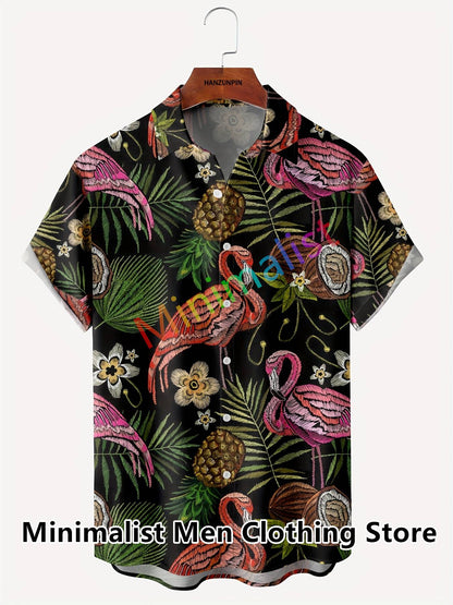 2023 Leaf and Flamingo Print Shirt For Men Hawaiian Shirt Casual Beach Short Sleeve Fashion Tops Male Blouse Summer Clothing