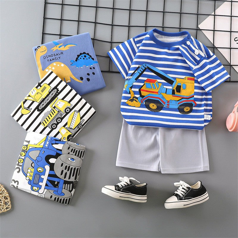 Cotton Pajama Cartoon T-Shirt+Shorts 2-Piece Clothing Set Kids Summer Baby Boys Girls Stripe Casual Tracksuit Clothes Suit 0-6 Y