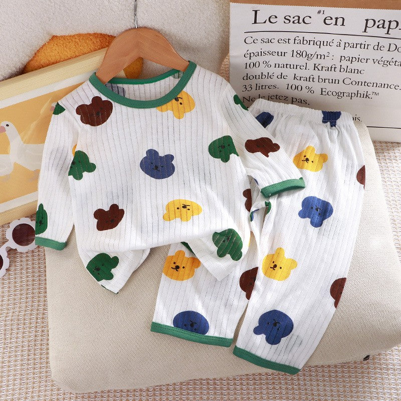 Children's Pure Cotton Home Clothes Set Boys Girls Seven-quarter Sleeve Pajamas Thin Breathable Air-conditioned Clothes
