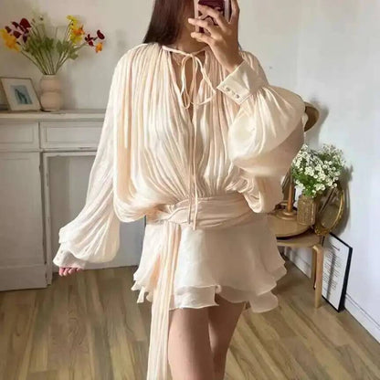 Beige Top Solid Blouse Mini Dresses For Women V Neck Long Sleeve Spliced Lace Up