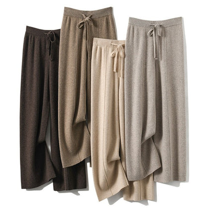 Women's High Waist Knit Wide Leg Pants Thermal Fleece Lined Drawstring Trousers in Earth Tones, Fall Winter Comfort Lounge Wear?