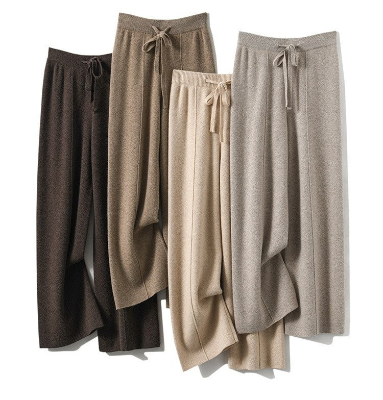 Women's High Waist Knit Wide Leg Pants Thermal Fleece Lined Drawstring Trousers in Earth Tones, Fall Winter Comfort Lounge Wear?
