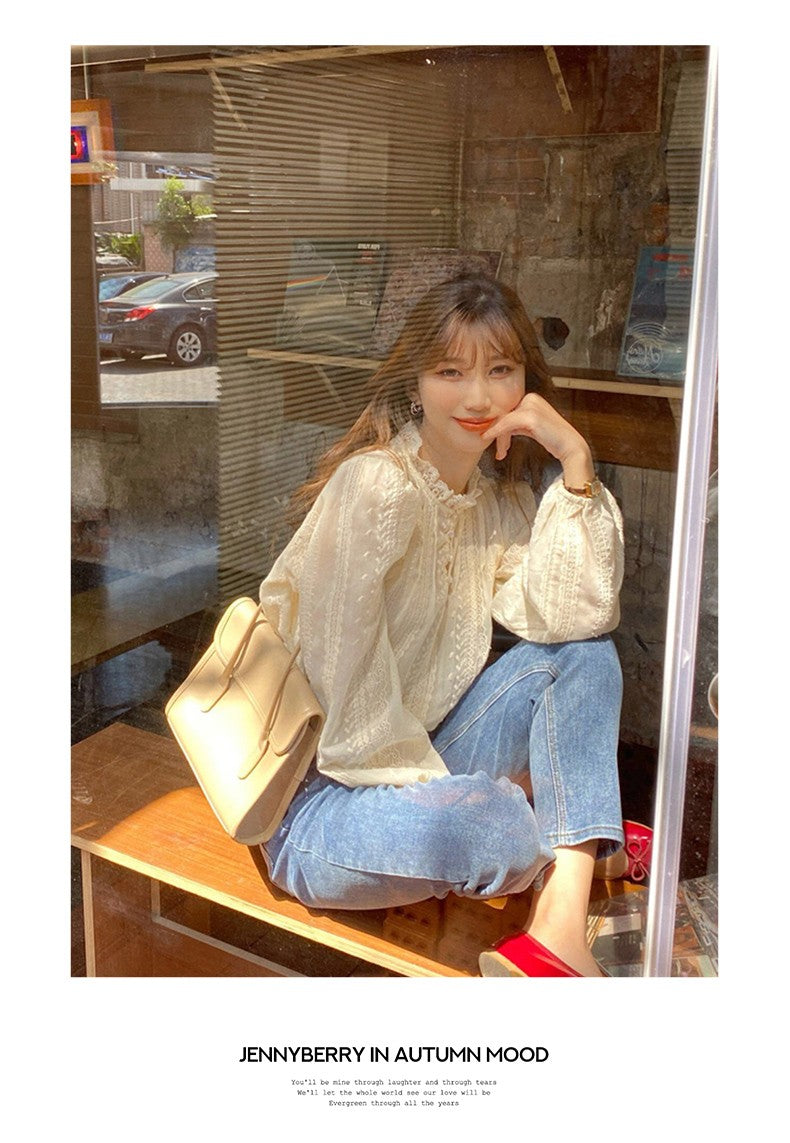 Autumn Lcae Embroidery Long Sleeve Women Blouses Office Lady ELegant Casual Button Shirts Sweet Clothing