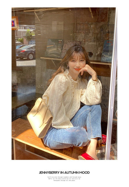 Autumn Lcae Embroidery Long Sleeve Women Blouses Office Lady ELegant Casual Button Shirts Sweet Clothing