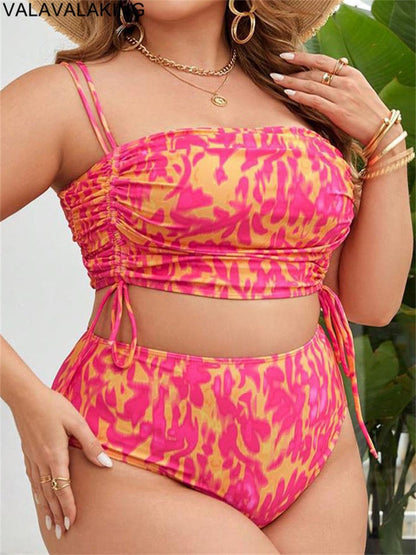 2025 Print Two Piece Plus Size Bikini Women Strapped Large Swimsuit High Waist Lady Chubby Swimwear Beach Curvy Bathing Suit