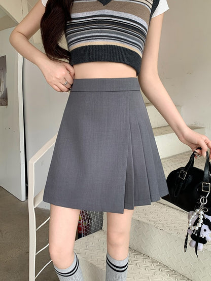 L-4XL Plus Size Skirt Women Spring Summer 2025 New Korean Fashion High Waist Pleated A Line Skirt Women Black Or Gray Mini Skirt