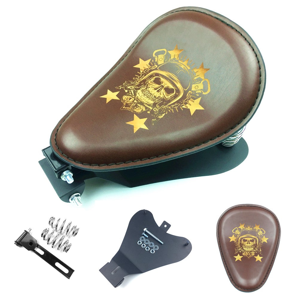 Assento Individual de Couro Retrô Marrom/Preto Caveira para Motocicleta + Suporte de Mola de 3" para Harley Custom Chopper Bobber Assento de Selim de Couro