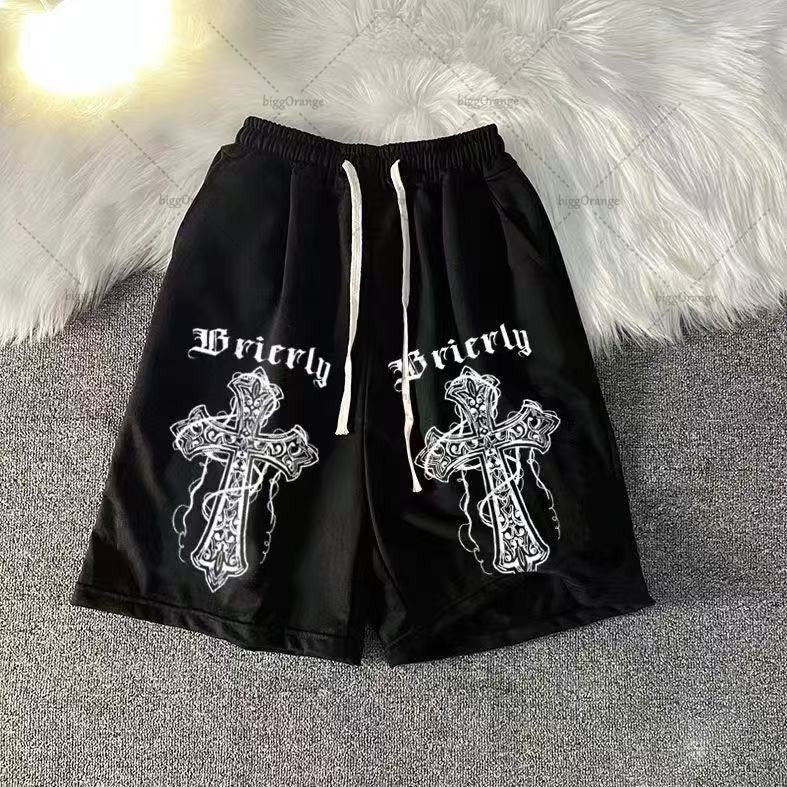 Street Hip-hop Cross Design Pattern Loose Casual Shorts Men American Y2K Harajuku Oversized Fashion Versatile Mid-pants Women