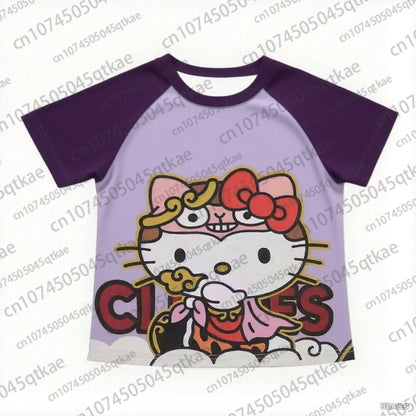 2025 New Hello Kitty T-shirt Anime Sanrio Fashion Short Tops Y2k Summer Cute Tees Cartoon Print High Street Women's Short Sleeve