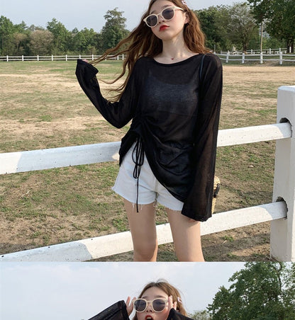 Women's 2025 Women's Summer New Beach Long sleeved Sunscreen Jacket Loose Hoodie Drawstring Upward Shirt