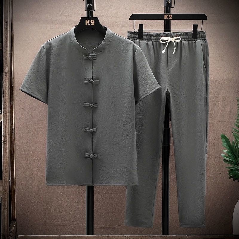 Summer New Fashion Solid Color Breathable Cotton and Linen Suit Men's Leisure Loose Sports Large Size High-Grade Two-Piece Set