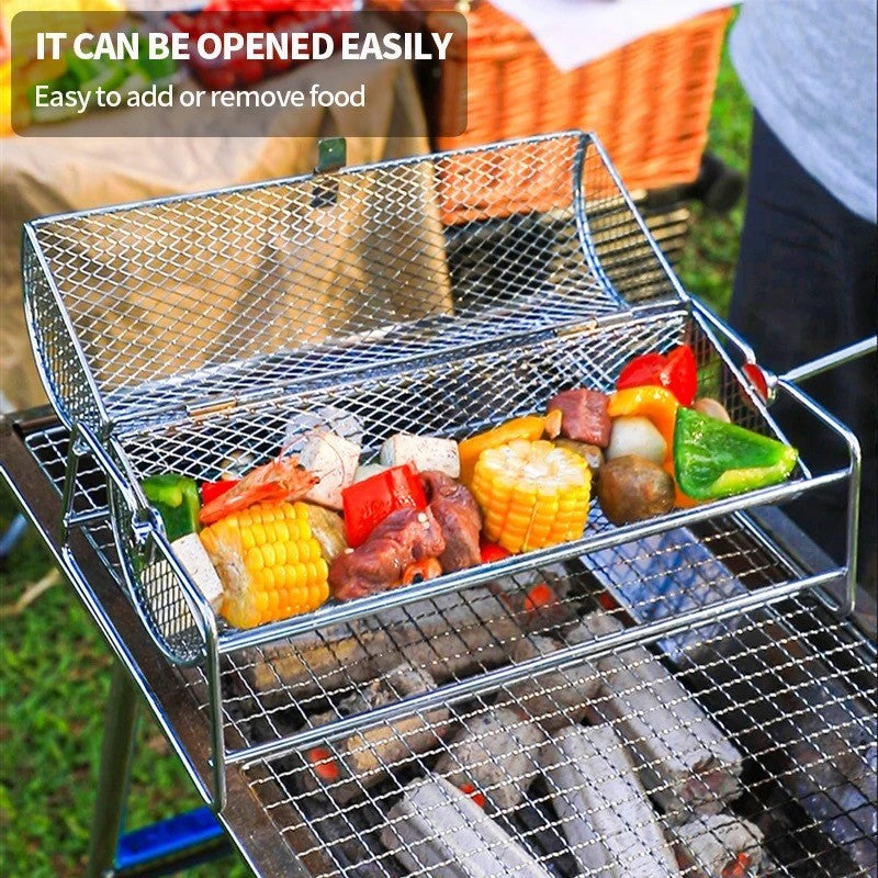 1 Rotating BBQ Grill Basket - Stainless Steel Mesh Roasting Cage with Handle, Portable Rolling Grill for Camping & Picnics