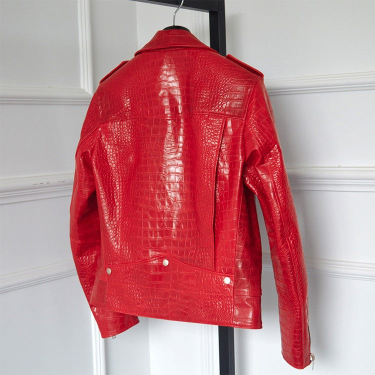 Mauroicardi Spring Red Crocodile Pattern Faux Leather Biker Jacket Long Sleeve Zipper Plus Size Designer Men Clothing 4xl 5xl