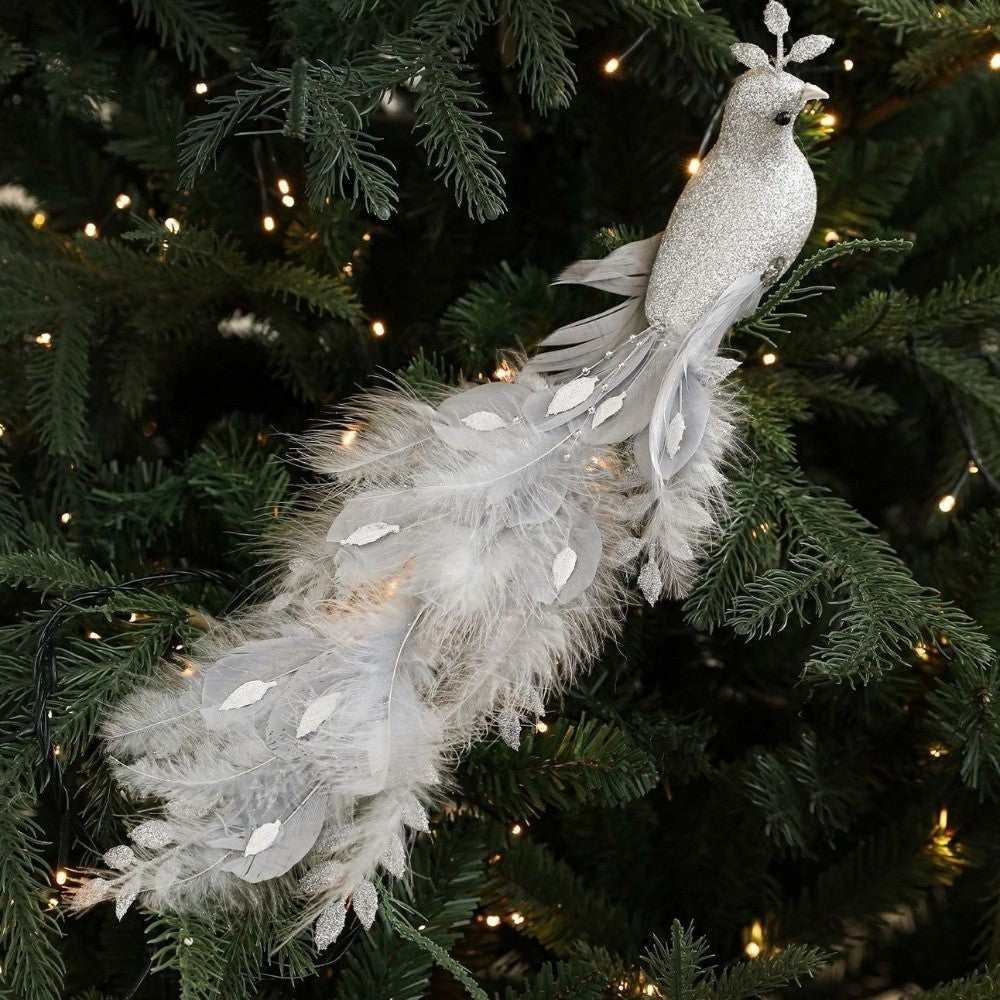 Long Tail Christmas Peacock Ornaments Realistic Glimmering Feather Peacock Bird Figurine Handmade with Clip Christmas Tree Decor