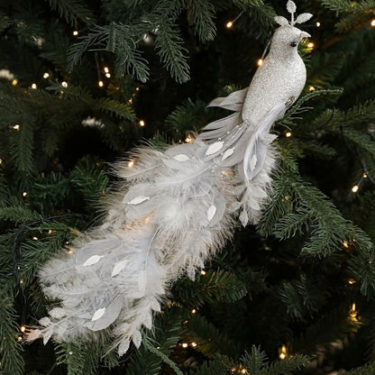 Long Tail Christmas Peacock Ornaments Realistic Glimmering Feather Peacock Bird Figurine Handmade with Clip Christmas Tree Decor