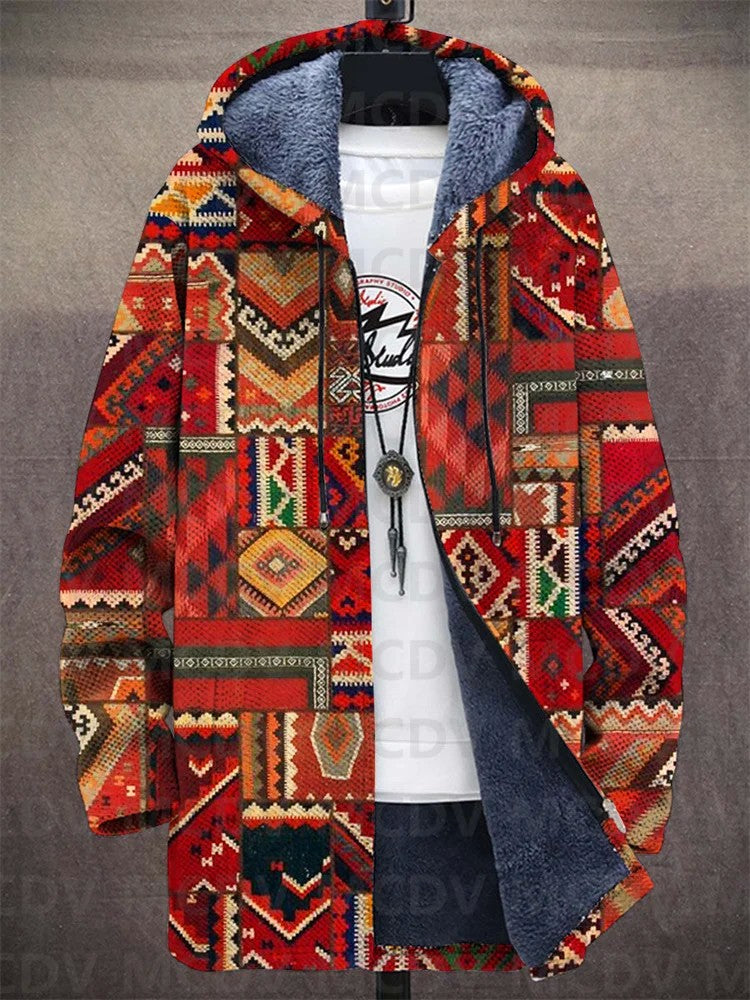 Unisex Retro Ethnic Pattern Print Plush Thick Long-Sleeved Sweater Cardigan Coat