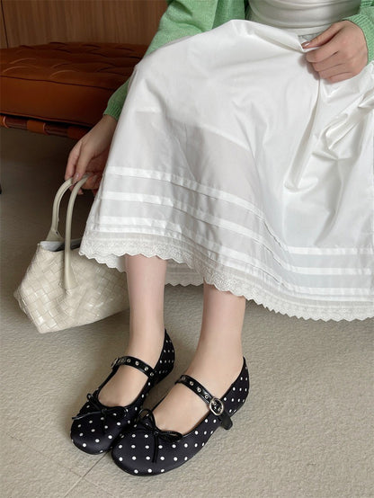 Designer Polka Dot Ballet Flats for Women Sweet Bow Decoration Elegant Mary Jane Shoes Fashion Buckle Shallow Comfort Dress Shoe