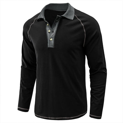 American Men's Autumn Long Sleeve Lapel Henley T-shirt POLO Basic Shirt  Mens Tops