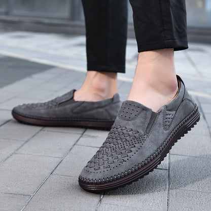 New 2024 Handmade Leather Men Shoes Design Fashion Sneakers Slip On Loafers Summer Mesh Breathable Casual Shoes Men Driving Flat