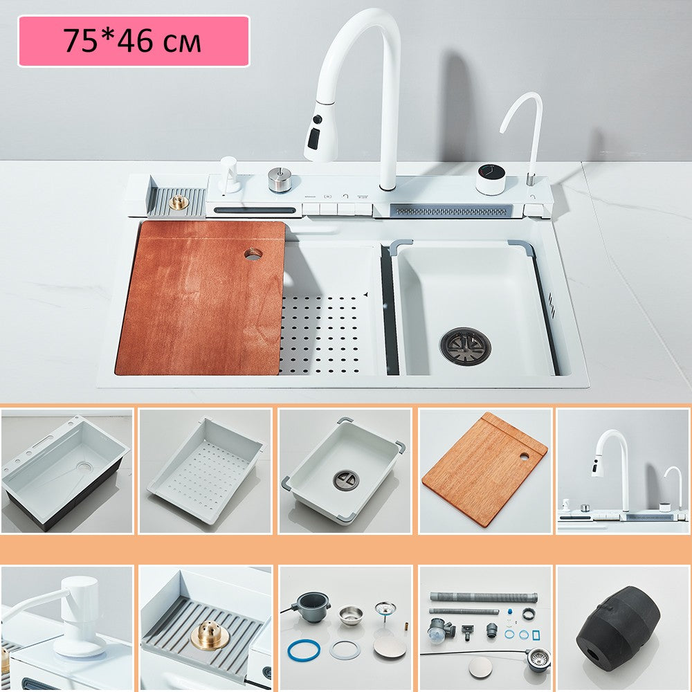Large 304 Kitchen Sinks 75x45cm Stainless Steel Kitchen Waterfall Sink Digital Display Large Single Sink Dish Washer Faucet