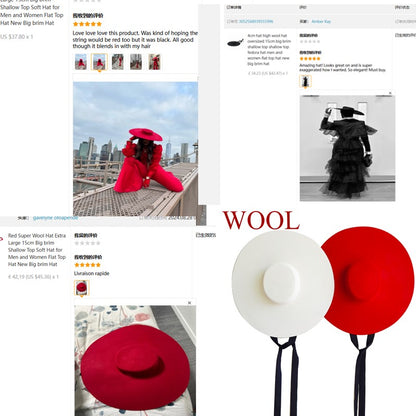 Chapéu de feltro de lã de 4cm de altura, aba grande de 15cm, chapéu fedora de copa rasa para homens e mulheres, chapéu de aba grande novo.