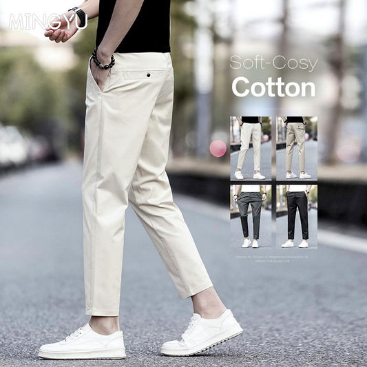 2025 New Summer Cotton Ankle Length Pants Men Slim Elastic Waist Jogger Outdoors Korean Work Suit Casual Trousers Male 28-38